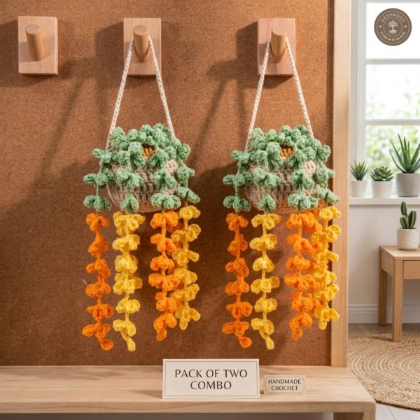 Handmade Crochet Hanging Flower Pot Combo Pack of 2 - Decorative Knitted Hanging Basket with Cascading Orange & Yellow Vines