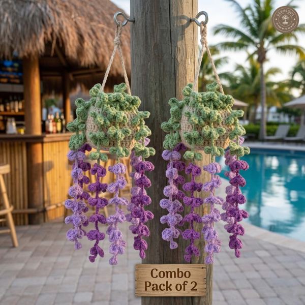 Handmade Crochet Trailing Wisteria Hanging Flower Pot Combo Pack of 2 - Decorative Knitted Hanging Basket with Cascading Purple Flowers