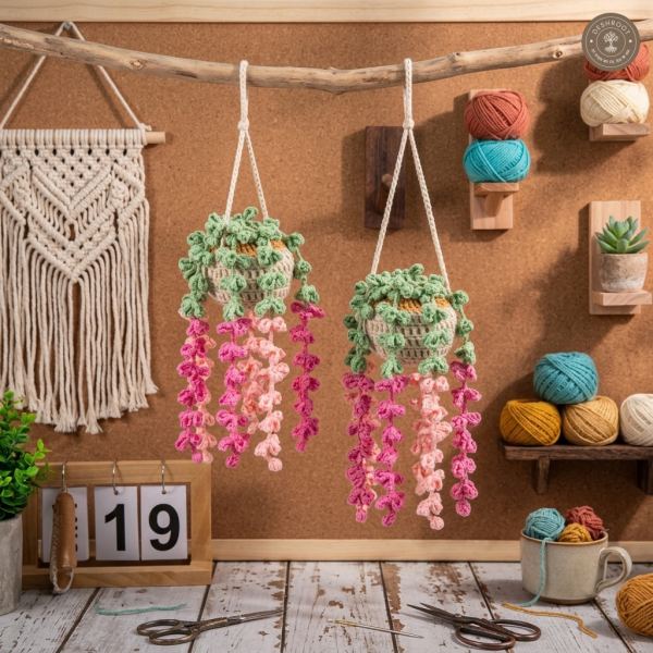 Pack of 2 Handmade Crochet Hanging Plant Pot - Cascading Dark Pink & Baby Pink Flower Wall Hanging Basket for Home Decoration & Gifting