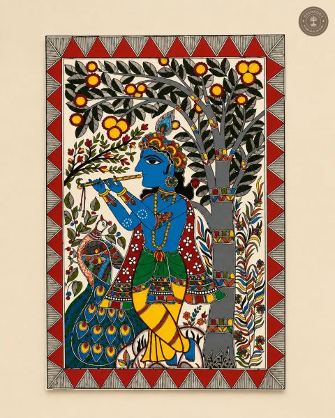Handmade Lord Krishna Madhubani Painting