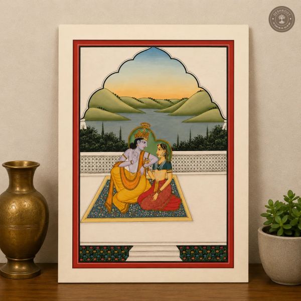 Kangra Miniature Painting – Radha Krishna by the Riverside