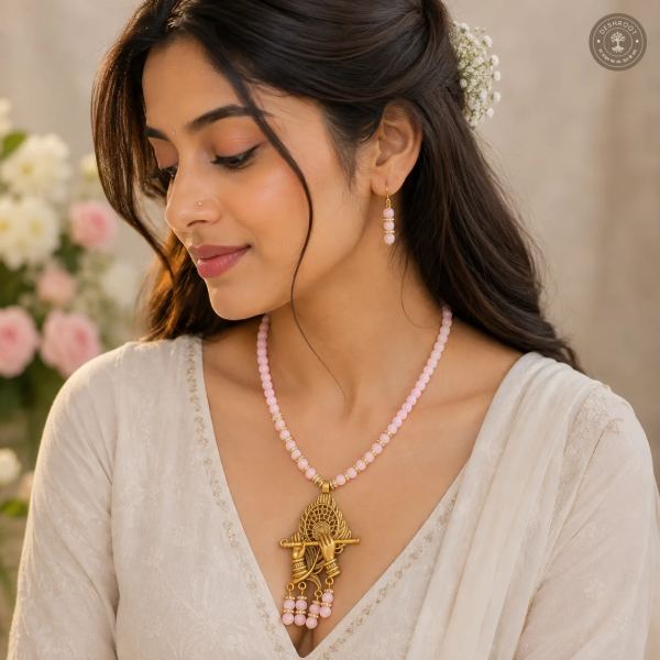 Pearl Krishna Flute Crystal Bead Necklace & Earring Set