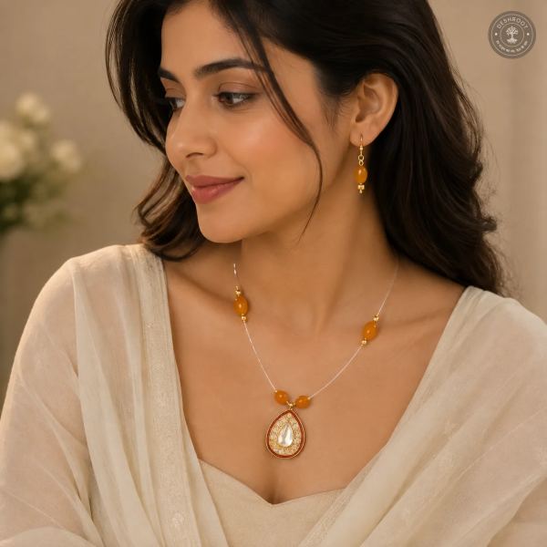 Amber Glow Beaded Necklace & Earring Set
