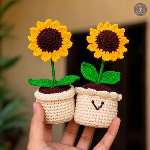 Handcrafted Crochet Sunflower Mini Pot Set – Twin Bloom Design
