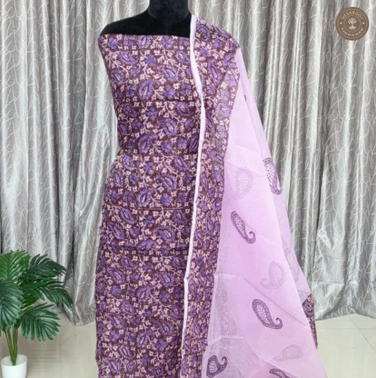 Purple Paisley Print Unstitched Cotton Suit Set with Matching Dupatta