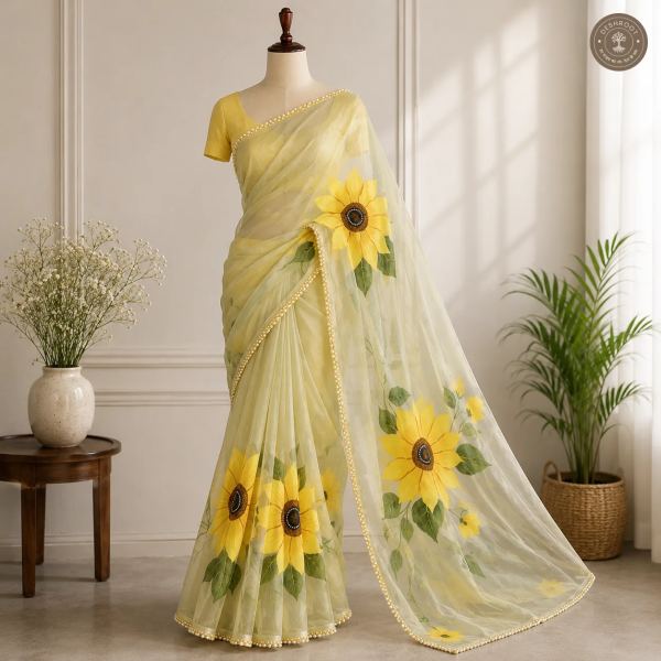 Pastel Yellow Sheer Saree with Handcrafted Sunflower Floral Print