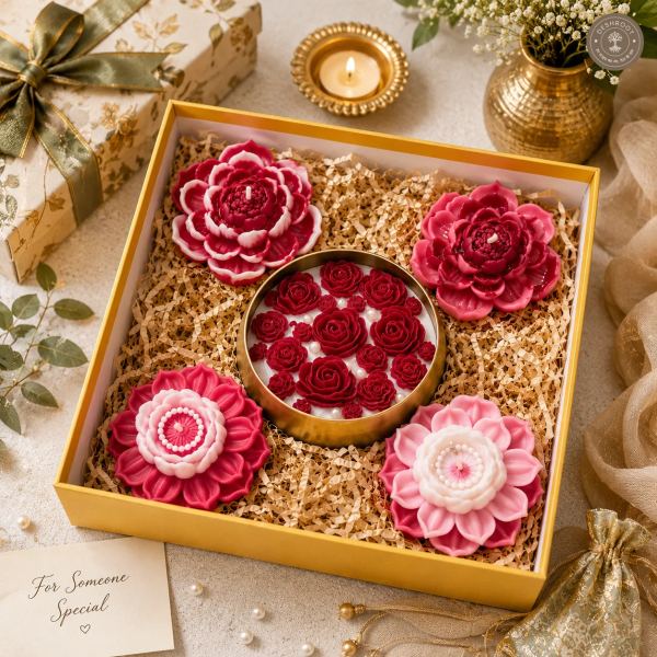Luxury Floral Candle Gift Box Set – Handcrafted Soy Wax Lotus & Rose Candles in Premium Decorative Box – Festive & Premium Gifting Collection