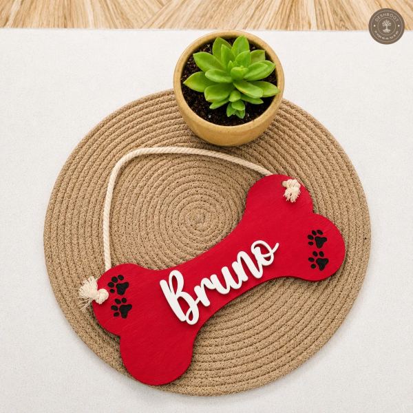 Bone-Shaped Pet Nameplate Wood with Rope Hanger