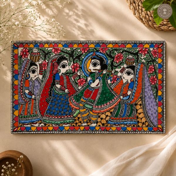 Handmade Krishna with Gopis Madhubani Painting