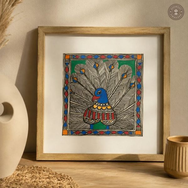 Traditional Madhubani Peacock Folk Art Painting