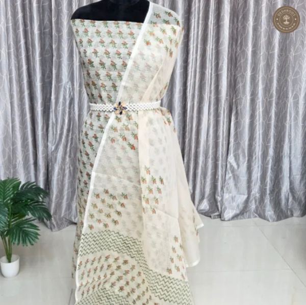 Elegant Ivory Floral Printed 2-Piece Dress Material Set