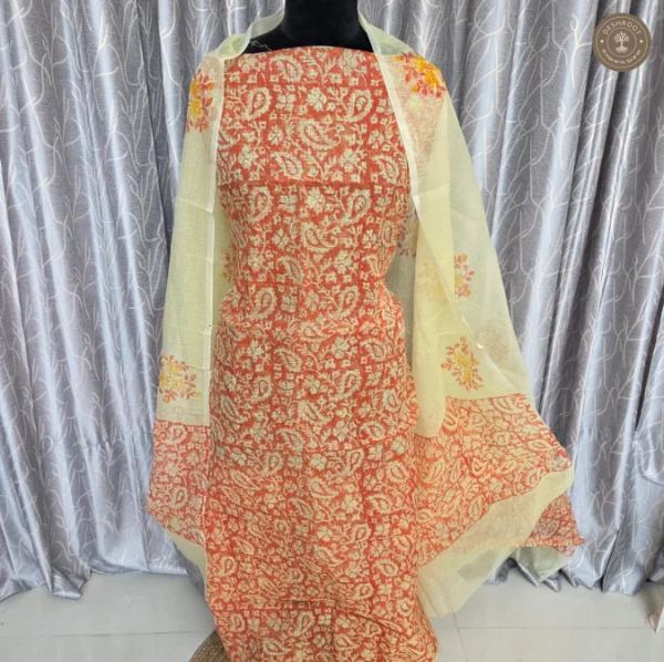 Rust Orange & Cream Printed 2-Piece Dress Material Set