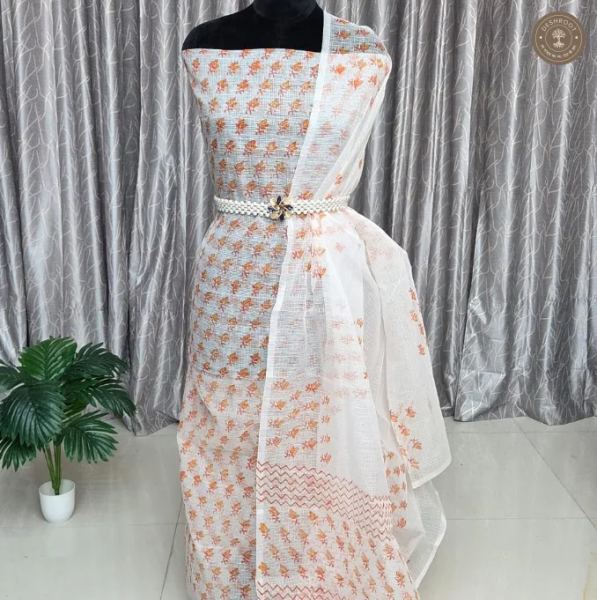 White & Rust Orange Floral Printed 2-Piece Dress Material Set