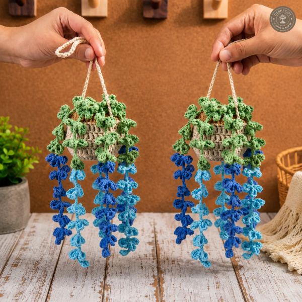 Handmade Crochet Hanging Flower Pot Combo Pack of 2 - Decorative Knitted Hanging Basket with Cascading Blue & Sky Blue Vines