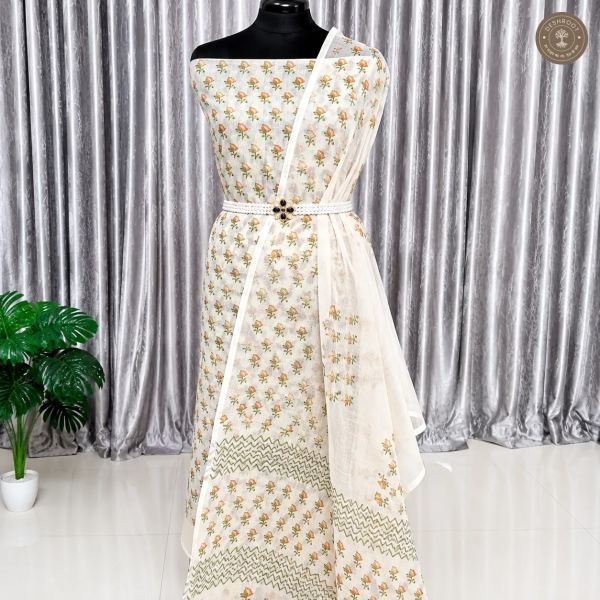 Elegant Ivory Floral Printed 2-Piece Dress Material Set