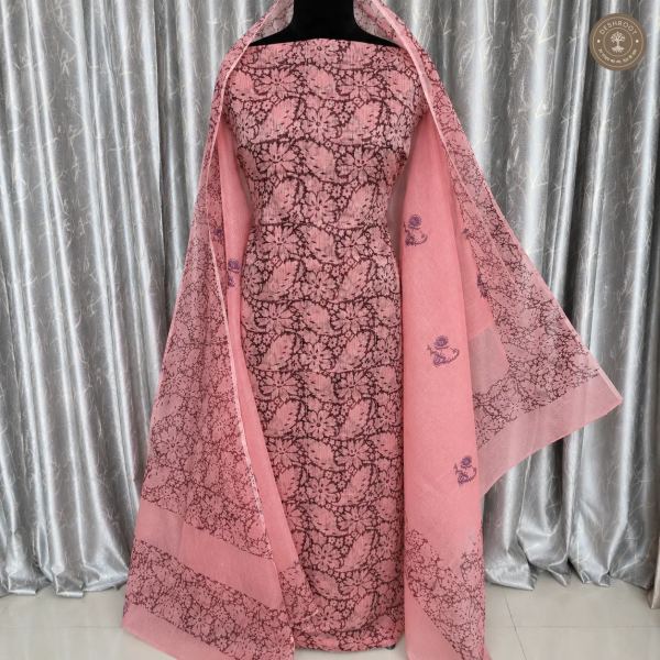Dusty Pink Floral Print Unstitched Cotton Suit Set with Matching Dupatta (2 Piece set)