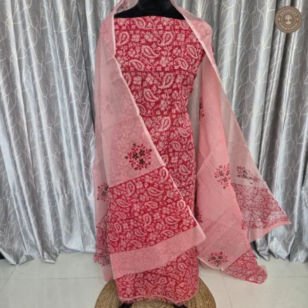 Crimson Red Paisley Printed Unstitched Dress Material with Blush Pink Dupatta – 2 Piece Set