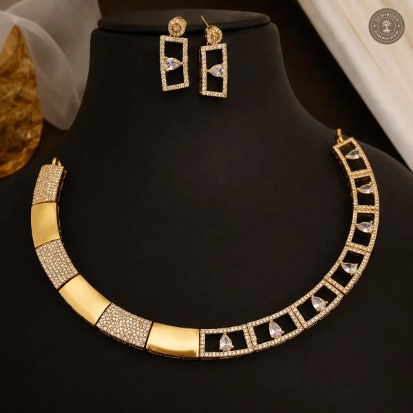 AD Stone Gold-Tone Necklace Set with Matching Geometric Earrings