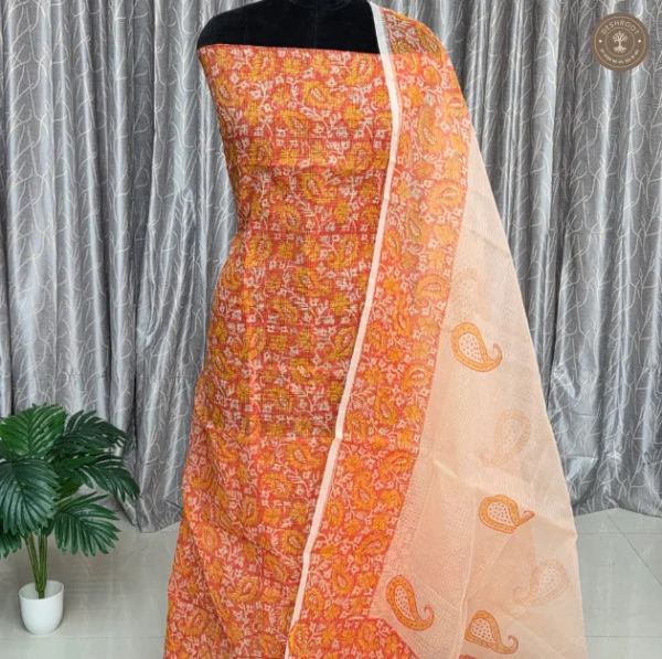 Orange Paisley Printed Unstitched Dress Material with Cream Dupatta – 2 Piece Set
