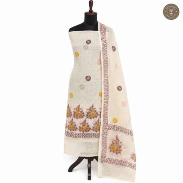 Off-White Floral Printed Unstitched Dress Material with Matching Dupatta – 2 Piece Set