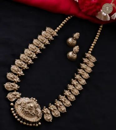 Antique Bronze Terracotta Long Haaram with Matching Jhumkas