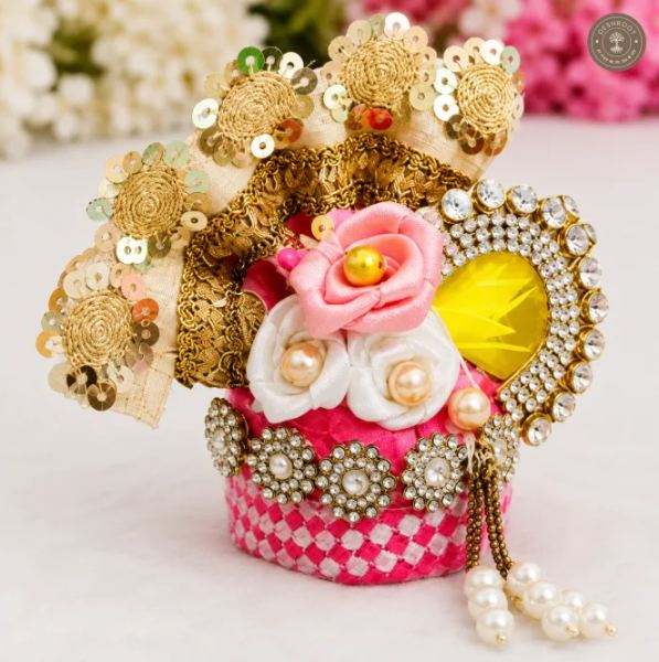 Laddu Gopal No. 5 Pink & Yellow Floral Designer Mukut