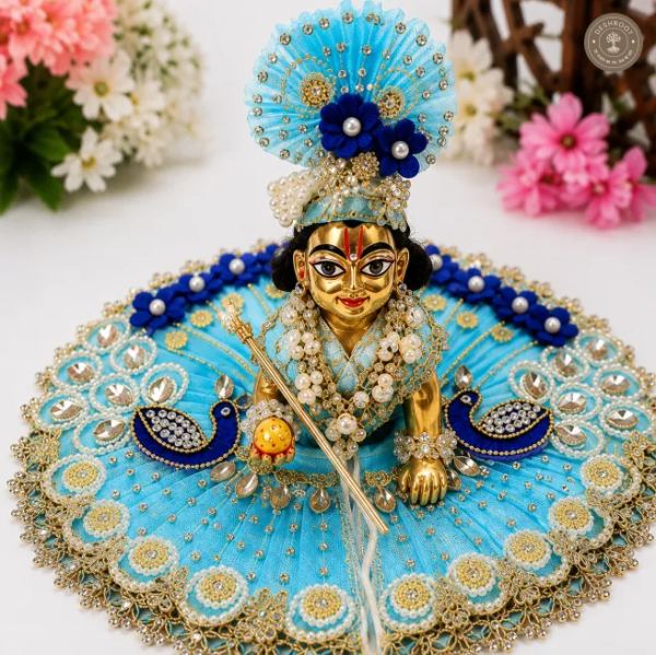 Sky Blue Peacock Design Laddu Gopal Ji Poshak with Matching Mukut