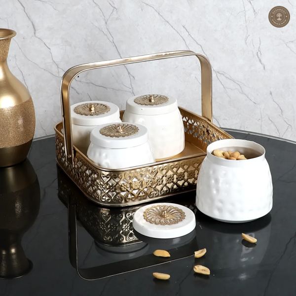 Metal Basket With White Jar Set of 5