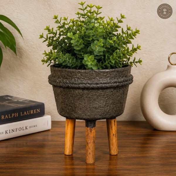 Handcrafted Paper Mache Planter Pot with Wooden Legs