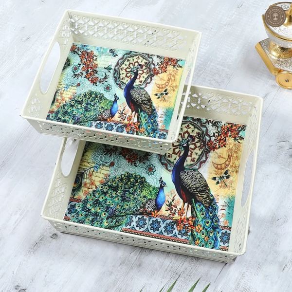 Multicolor Peacock White Tray Set of 2
