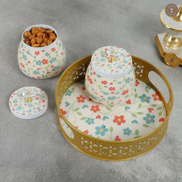 Pink & Green FLower Round Basket With Jar Set of 3