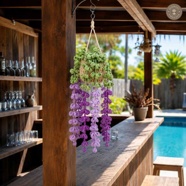 Handcrafted Crochet Hanging Planter with Lavender Cascading Flowers