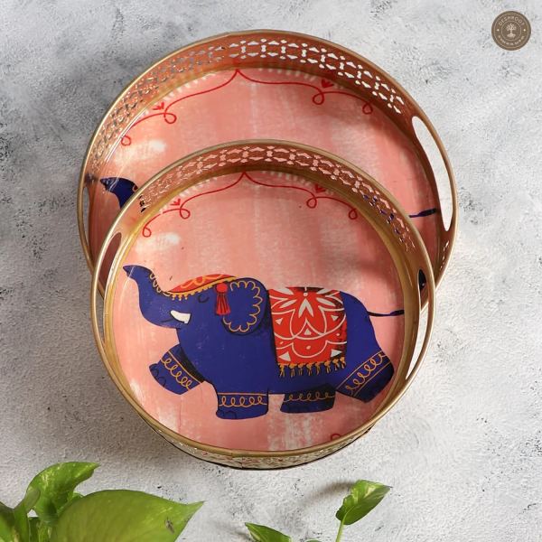 Pink Elephant Pichwai Tray Set of 2