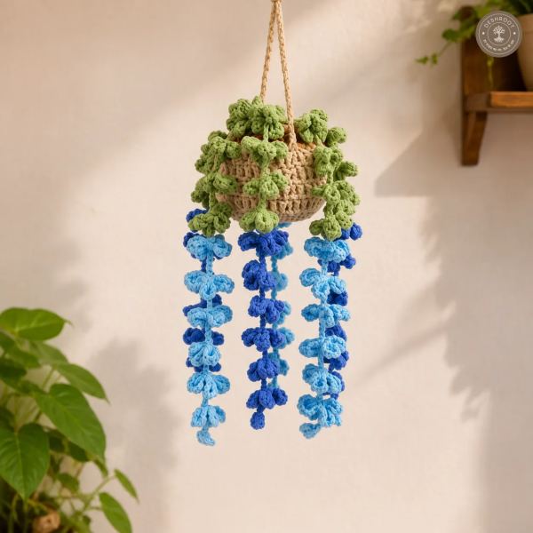 Handcrafted Crochet Hanging Planter with Blue Cascading Flowers