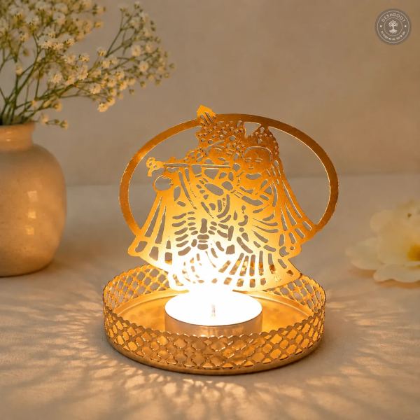 Golden Metal Radha Krishna Shadow Diya Tea Light Candle Holders – Set of 2