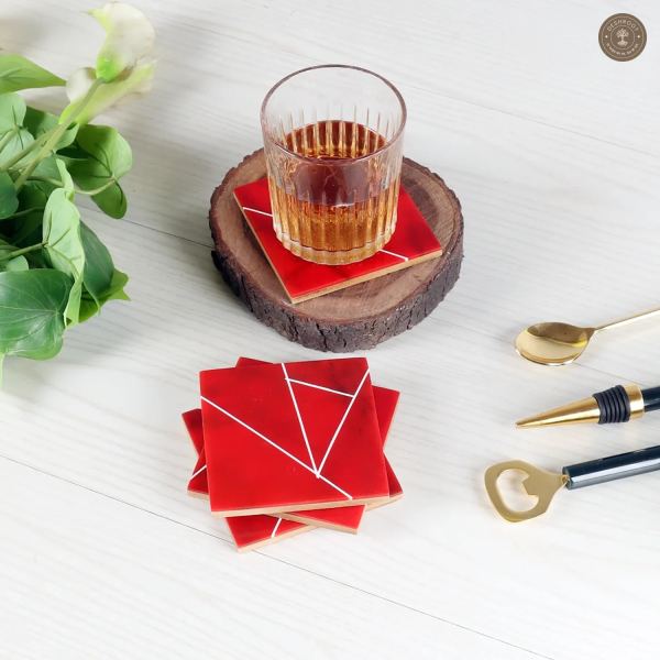 Red & White Resin Coaster Set of 4
