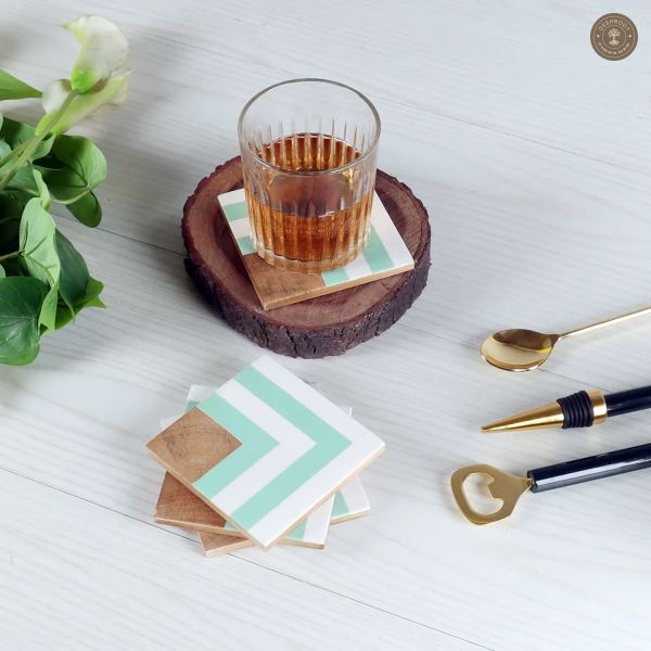Resin Green & White Stripes Coaster Set of 4