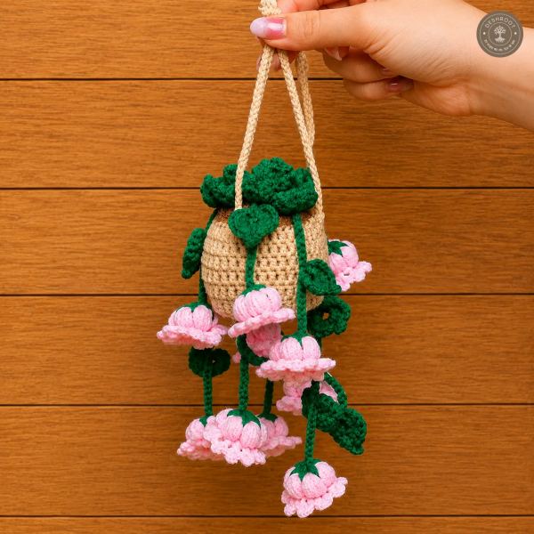 Handcrafted Crochet Hanging Flower Basket – Pink Blossom Vine