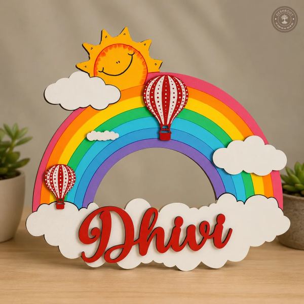 Handcrafted Rainbow & Hot Air Balloon Nameplate