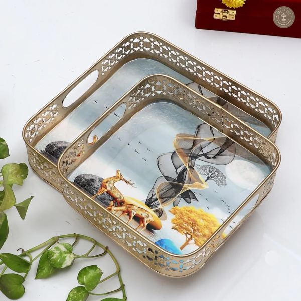 Square Gold Deer Tray Set of 2