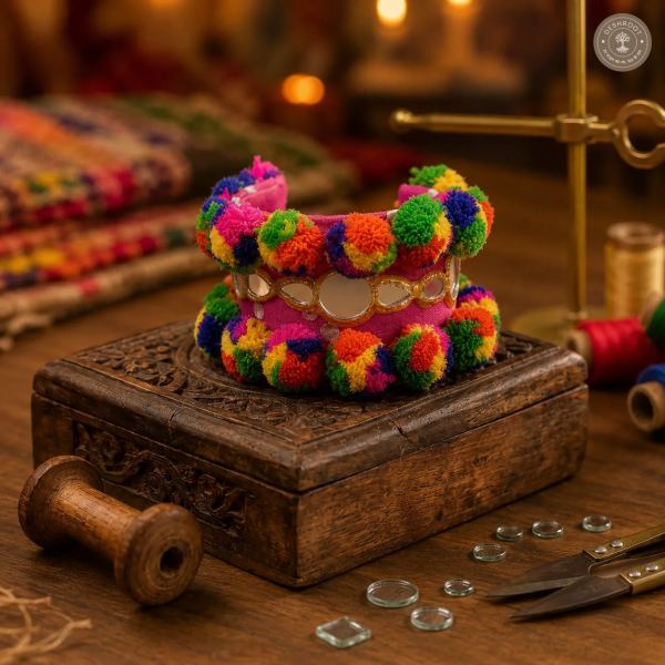 Multicolor Mirror Work Garba Hand Cuff – Traditional Gujarati Handcrafted Embroidered Bracelet with Pom-Poms & Silver Bead Detailing for Navratri, Garba & Dandiya