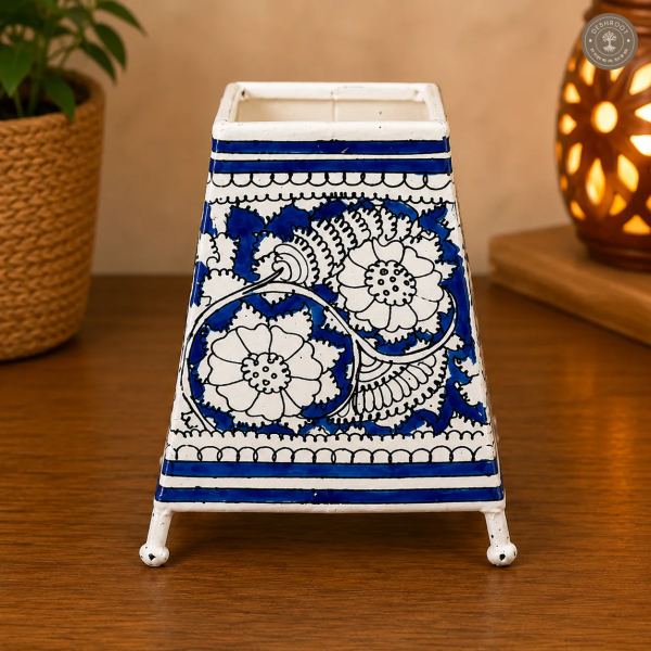 Hand-Painted Blue Floral Goat Leather Craft Table Lamp