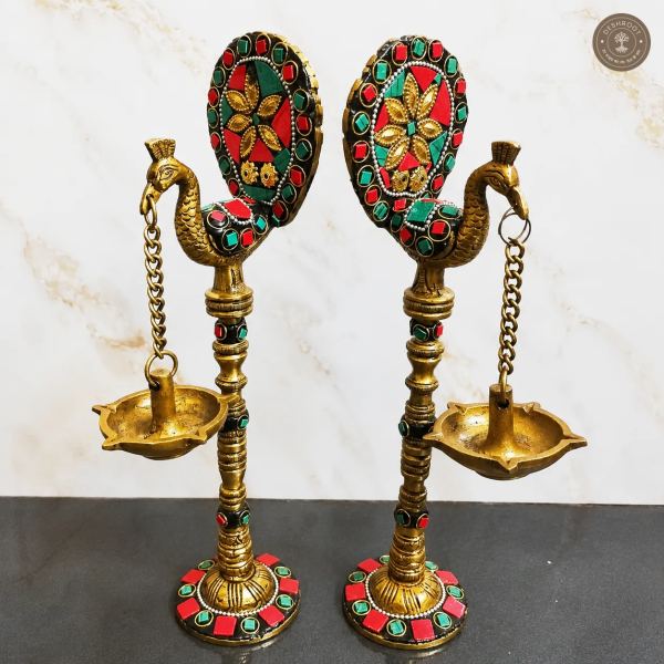 Handcrafted Brass Peacock Diya Stand Set of 2 with Hanging Lamps & Decorative Mirror Work