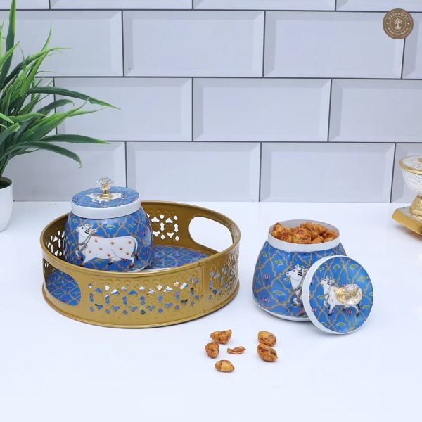 Blue & White Cow Round Basket With Jar Set of 3