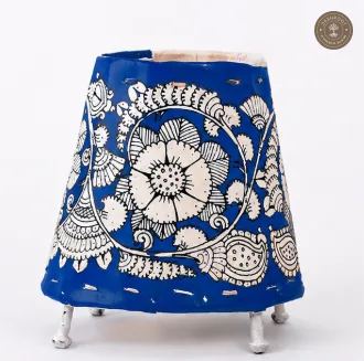 Handcrafted Blue Goat Leather Floral Table Lamp