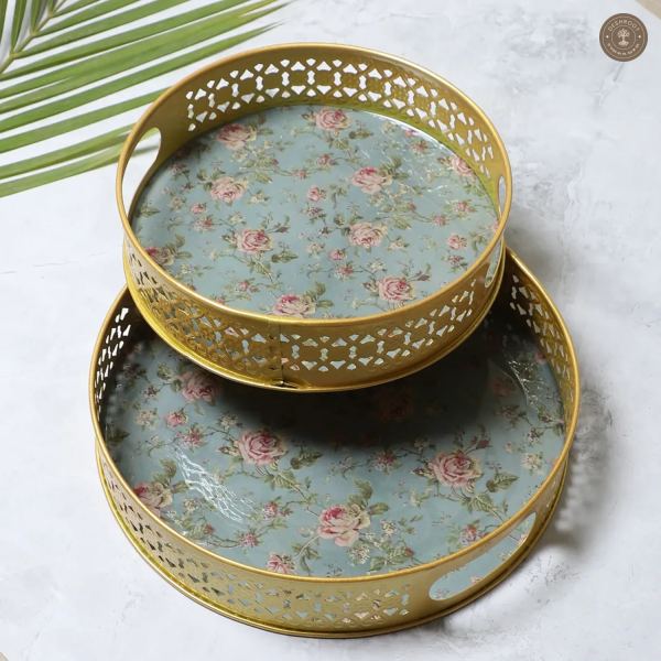 Green Pink FLower Tray Set of 2