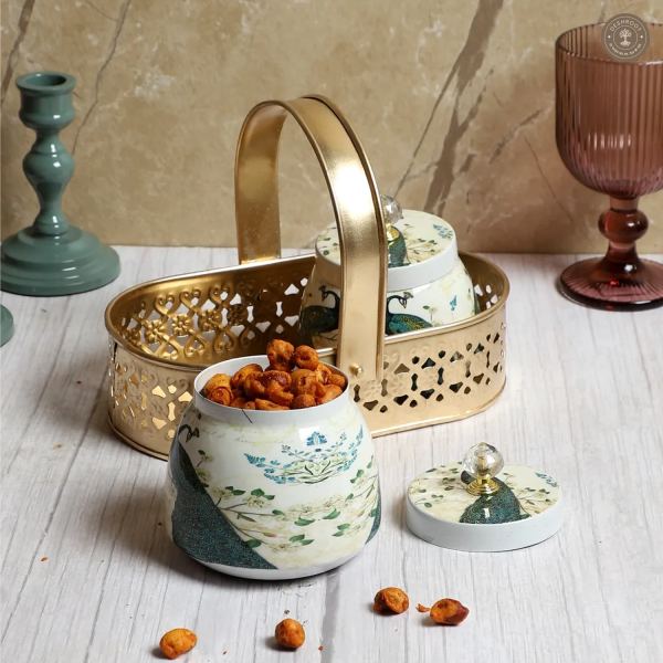 Peacock Print Jars WIth basket Set of 2