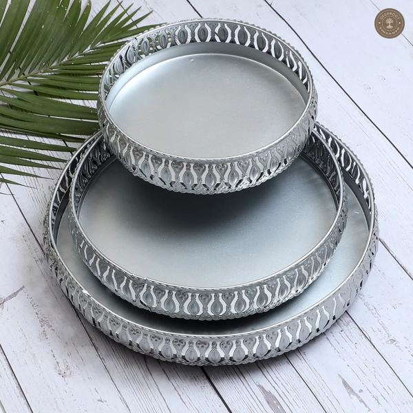 Round Etching Silver Basket Set of 3