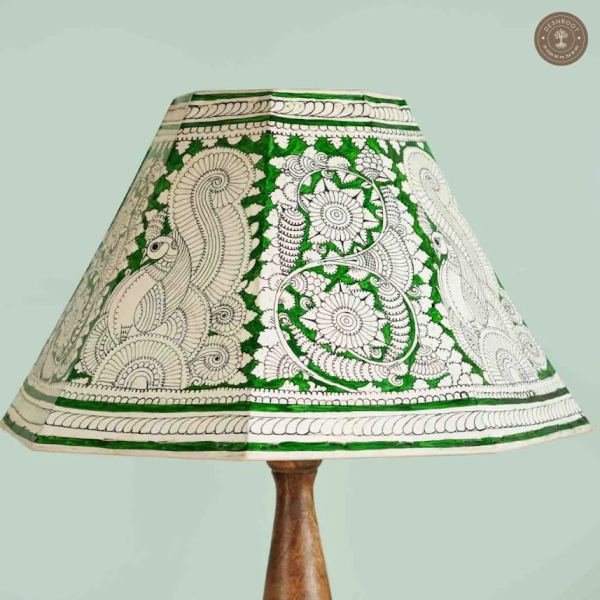 Handcrafted Andhra Pradesh Goat Leather Green Peacock Floral Table Lamp