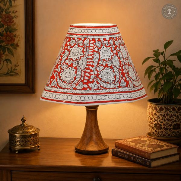 Handcrafted Andhra Pradesh Goat Leather Red Floral Table Lamp
